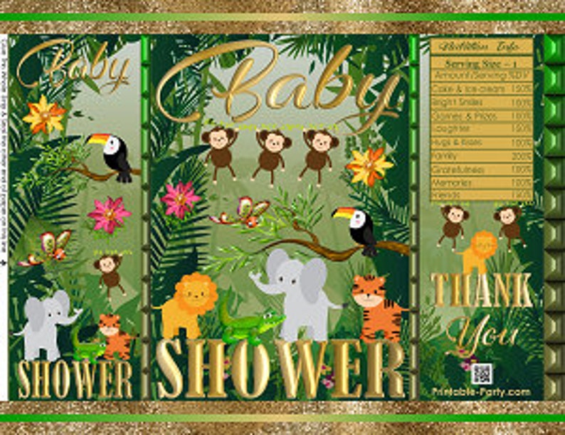 Printable Potato Chip Bags Safari Jungle Wild Animals Green Gold Baby Shower Favors image 1