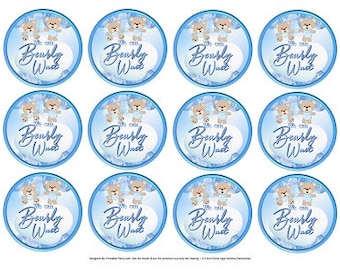 Étiquettes circulaires de 2,5 pouces PDF imprimable, téléchargement immédiat | Bearly Wait Teddy Bear Boy Blanc Bleu Argenté Baby Shower