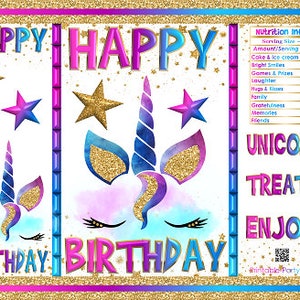 Printable Chip Bags | Unicorn Rainbow Glitter Gold White Pink Purple Blue Theme | Birthday Instant Download Favor Bags