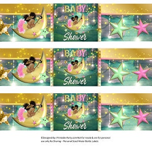 Printable Water Bottle Labels | Sleeping Girl On The Crescent Moon Pink Gold Mint Green Baby Shower Drink Wrappers | Instant Download