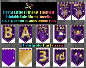 Puede incluir: Banderas de pancarta imprimibles de color morado y dorado con letras doradas que deletrean "BA" y "3rd" y otras banderas con temas de bebé real y princesa. El texto "Royal Little Princess Themed Printable Baby Shower Supplies" está en la parte superior de la imagen.