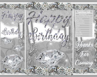 Printable Potato Chip Bags | Bling Diamond Pearls Glitter Sequin Birthday Silver White Gray | Party Favors