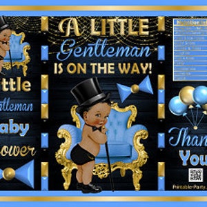 Printable Potato Chip Bags Light Blue Black Gold Ethnic African Amercian Little Gentleman Baby Shower Favors image 1