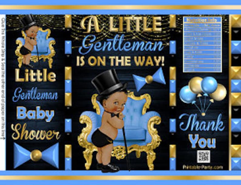 Printable Potato Chip Bags Light Blue Black Gold Ethnic African Amercian Little Gentleman Baby Shower Favors image 1