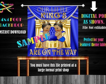 Backdrop Banner 4x4 Foot Printable PDF Instant Download | Vintage Twin King Boy Royal Prince Afro African Baby Shower | Blue Gold