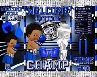 May include: A blue and silver baby shower invitation with a boxing theme. The invitation features two baby boys wearing boxing gloves and a championship belt. The text on the invitation reads "Welcome Little Champ".