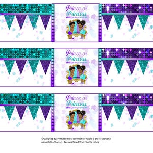 Printable Water Bottle Labels |  Royal Gender Reveal Prince Princess Purple Turquoise Teal African Ethnic Drink Wrappers | Instant Download