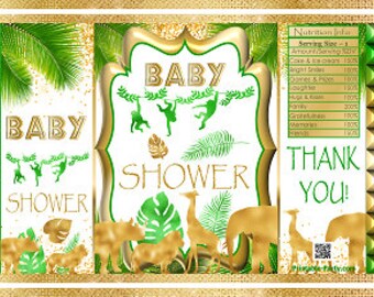 Printable Potato Chip Bags | Gold Green Safari Jungle Wild Animals Baby Shower Favors