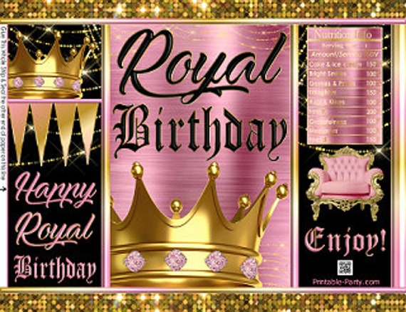 Printable Chip Bags | Royal Birthday Pink Black Gold Crown Princess Prince Queen King | Party Favors Gift Wrappers Il_570xn