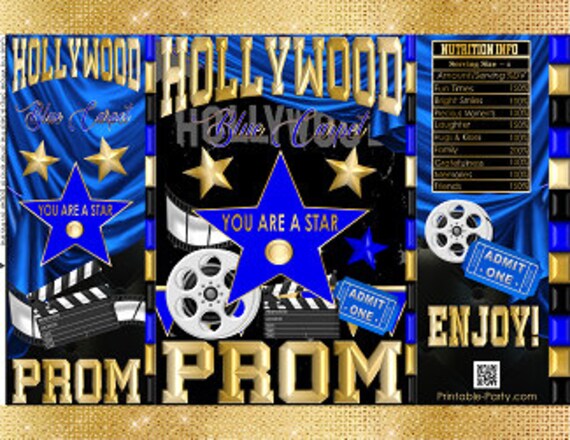 Printable Potato Chip Bags | Hollywood Blue Carpet Prom Night Graduation Champagne Party Favors | Blue Gold Black Il_570xn