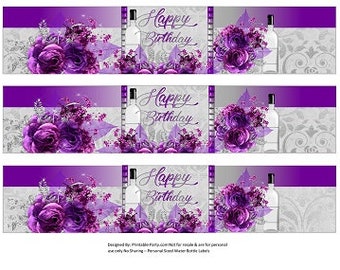 Printable Water Bottle Labels | Flower Floral Wine Theme Purple Black White Stripes Silver Drink Wrappers | Instant Download