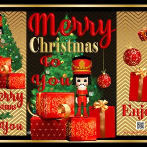 May include: A printable Christmas gift tag featuring a nutcracker doll standing on top of presents with a Christmas tree in the background. The tag says "Merry Christmas to You" and "Enjoy".