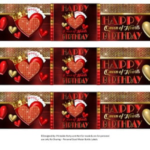 Printable Water Bottle Labels | Queen of Hearts Poker Casino Cards Red Gold Birthday Party Drink Wrappers | Instant Download