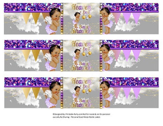 Printable Water Bottle Labels | Heaven Sent Angel Girl Purple Gold Silver Baby Shower African American Drink Wrappers | Instant Download Il_570xn