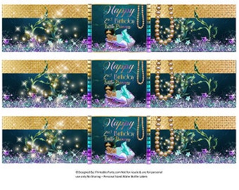 Printable Water Bottle Labels | Mermaid Princess 2nd Birthday Teal Purple Gold Teal African Drink Wrappers | Instant Download