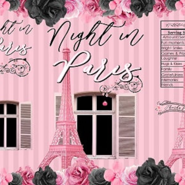 Printable Potato Chip Bags | Night in Paris Eiffle Tower Floral Birthday Party Favor | Black Pink White