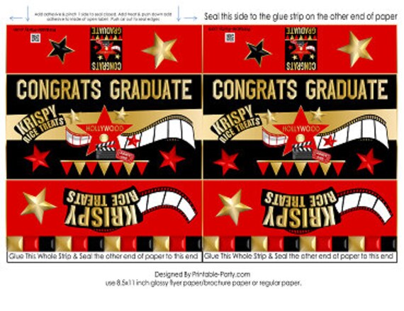 Printable Krispy Rice Treat Labels | Hollywood Graduation Graduate Red Gold Black | Instant Download Il_570xn
