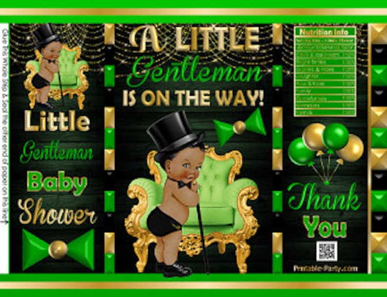 Printable Potato Chip Bags African Ethnic Little Gentleman Boy Baby Shower Favors Black Green Gold Royal Prince Bowtie