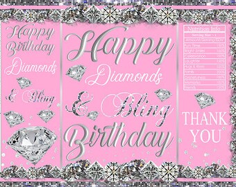 Sacs imprimables de croustilles | Anniversaire de diamants bling glam en argent rose | Cadeaux pour fête