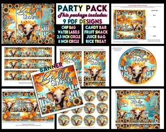 Ensemble de fête imprimable au format PDF pour baby shower | Fleurs Elephant Little Peanut | Bleu sarcelle Orange Jaune