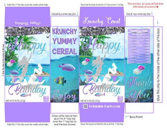 Printable Mini Cereal Box Mermaid Birthday Party Favor Purple Blue