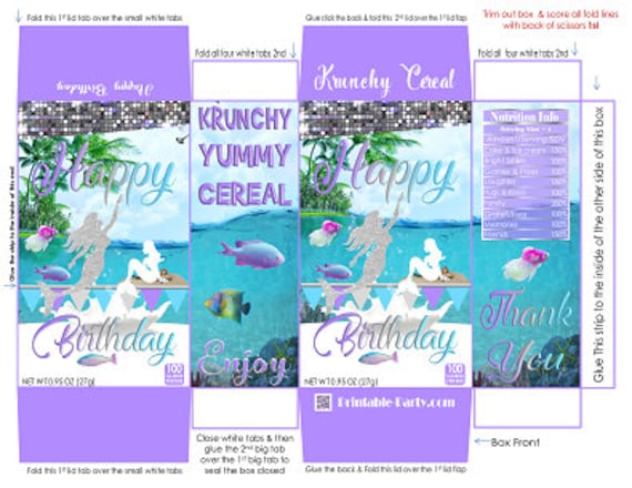 Printable Mini Cereal Box Mermaid Birthday Party Favor Purple Blue