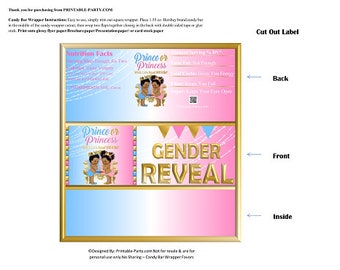 Printable Candy Bar Wrappers | Royal Gender Reveal Prince Princess African Ethnic Baby Shower Favor Chocolate Bar Labels | Instant Download