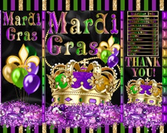 Op de afbeelding: Mardi Gras-feestzakjes met een zwarte achtergrond, paarse, groene en gouden glitter, een gouden kroon en een fleur-de-lis. De zakjes zeggen "Mardi Gras" in gouden letters.