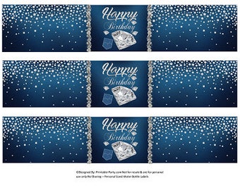 Printable Water Bottle Labels | Denim and Diamond Birthday Party Drink Wrappers | Blue Jeans Bling Instant Download