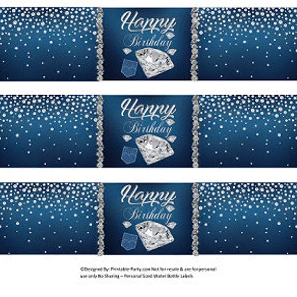 Printable Water Bottle Labels | Denim and Diamond Birthday Party Drink Wrappers | Blue Jeans Bling Instant Download