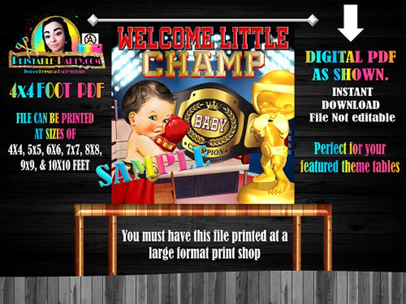 Boxer Boxing Champ Sports Baby Shower Red Gold Black Blue Backdrop Banner 4x4 Foot Printable PDF Instant Download