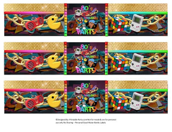 Printable Water Bottle Labels | Throwback Retro I Love The 80's Birthday Gold Hip Hop Drink Wrappers | Instant Download Il_570xn