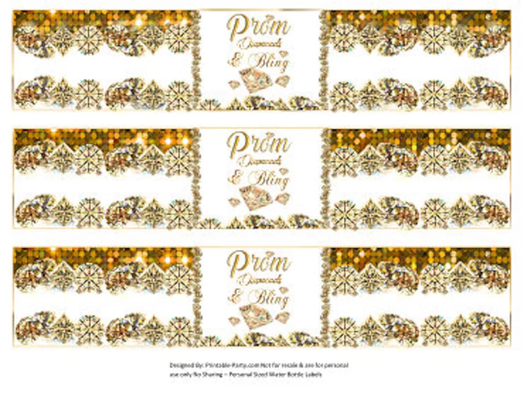 Printable Water Bottle Labels White Gold Bling Golden Diamonds Prom ...
