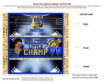 Étiquettes imprimables pour barres chocolatées entièrement emballées | Boxe Boxer Sports Champion Bleu Or Noir Baby shower Faveur de chocolat | Téléchargement instantané