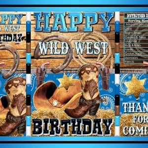 Printable Potato Chip Bags PDF | Happy Birthday Cowboy Cowgirl Western Wild West Blue Black Wood Paisley | Gift Bag Party Favors