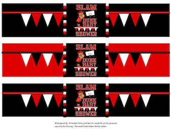 Printable Water Bottle Labels | Slam Dunk Basketball Sports Red Black White Baby Shower African American Drink Wrappers | Instant Download