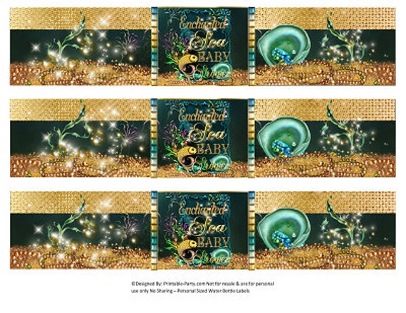 Printable Water Bottle Labels | Under The Enchated Sea Gold Teal Blue Nautical Ocean Magical Baby Shower Drink Wrappers | Instant Download Il_570xn