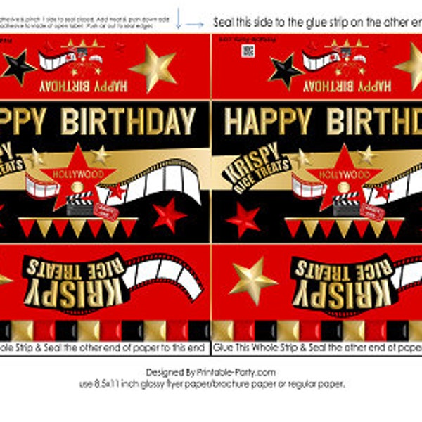 Printable Krispy Rice Treat Labels |  Hollywood Red Carpet Star Birthday Red Gold Black  | Instant Download