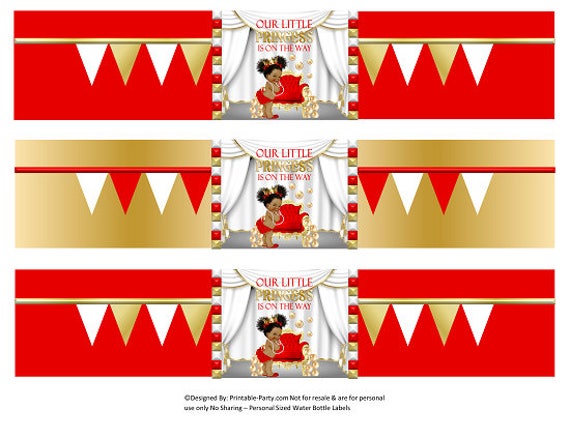 Printable Water Bottle Labels | Royal Princess Red White Gold Baby Shower African American Drink Wrappers | Instant Download Il_570xn