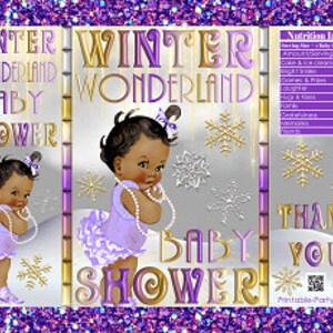 Printable Potato Chip Bags Winter Wonderland African American Baby Shower Purple Gold Silver White Favor Bags image 1