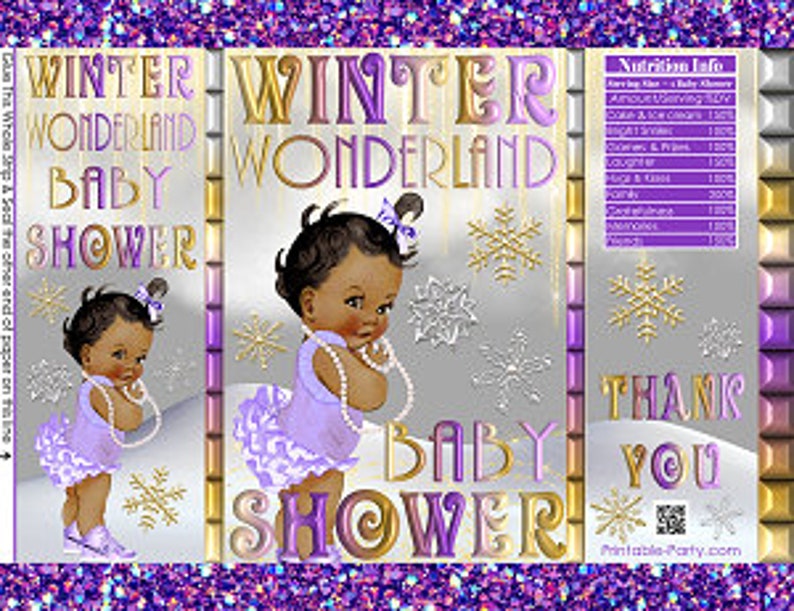 Printable Potato Chip Bags Winter Wonderland African American Baby Shower Purple Gold Silver White Favor Bags image 1