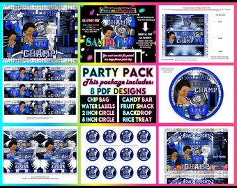 Printable African American Boxer Boxing Champ Sports Royal Blue Silver Black Baby Shower Favors Decorations Supplies