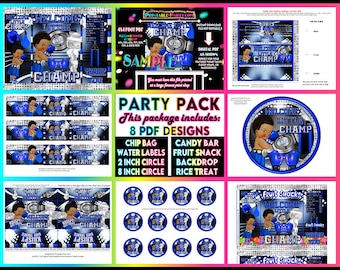 May include: A party pack of printable designs for a baby shower or birthday party. The designs feature a baby boy wearing boxing gloves and a championship belt. The designs include a chip bag, water labels, 2 inch circles, 8 inch circles, a candy bar, fruit snack, backdrop, and rice treat.