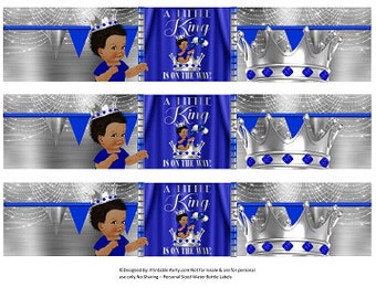 Printable Water Bottle Labels | Baby Shower Blue Silver African Ethnic Royal King Drink Wrappers | Instant Download