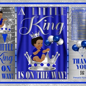 Printable Potato Chip Bags | Blue Silver Gray Little King African Ethnic Prince Boy | Royal Crown Baby Shower Favors