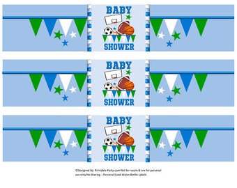 Printable Water Bottle Labels | Sports Baketball Football Soccer Baseball Blue Green White Baby Shower Drink Wrappers | Instant Download