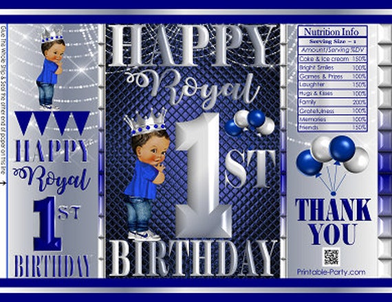 Printable Potato Chip Bags | Dark Blue Silver Prince 1st Vintage | Ethnic African Amercian Boy | Royal Birthday Favors Il_570xn
