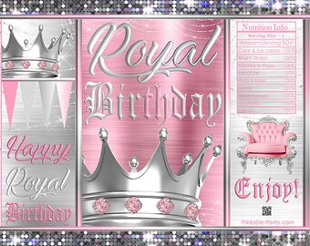 May include: A printable party favor bag design featuring a pink and silver crown with the text "Royal Birthday" and "Happy Royal Birthday". The bag also includes a nutrition info section with the text "Enjoy!" and "Printable-Party.com".