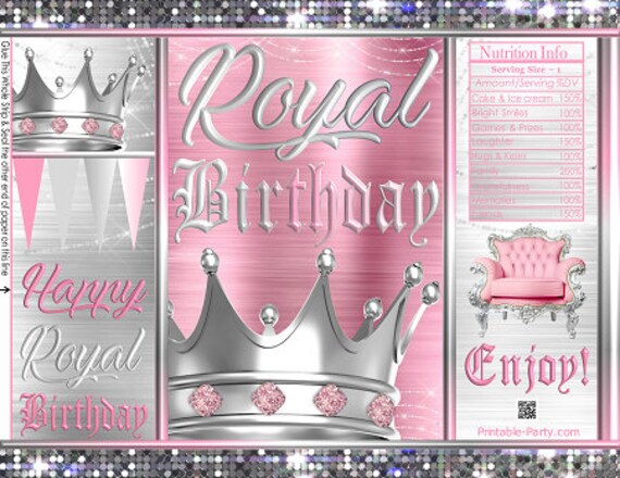 Printable Chip Bags | Royal Birthday Crown Princess Pink Silver | Party Favors Gift Wrappers Il_570xn