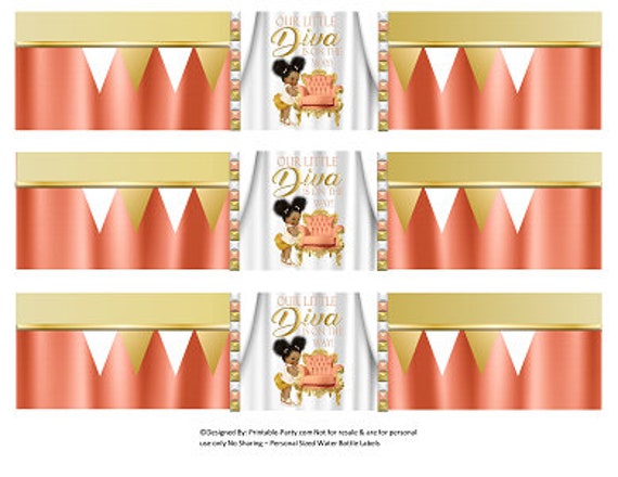 Printable Water Bottle Labels | Baby Shower Diva Royal African Princess Girl Peach Gold Drink Wrappers | Instant Download Il_570xn